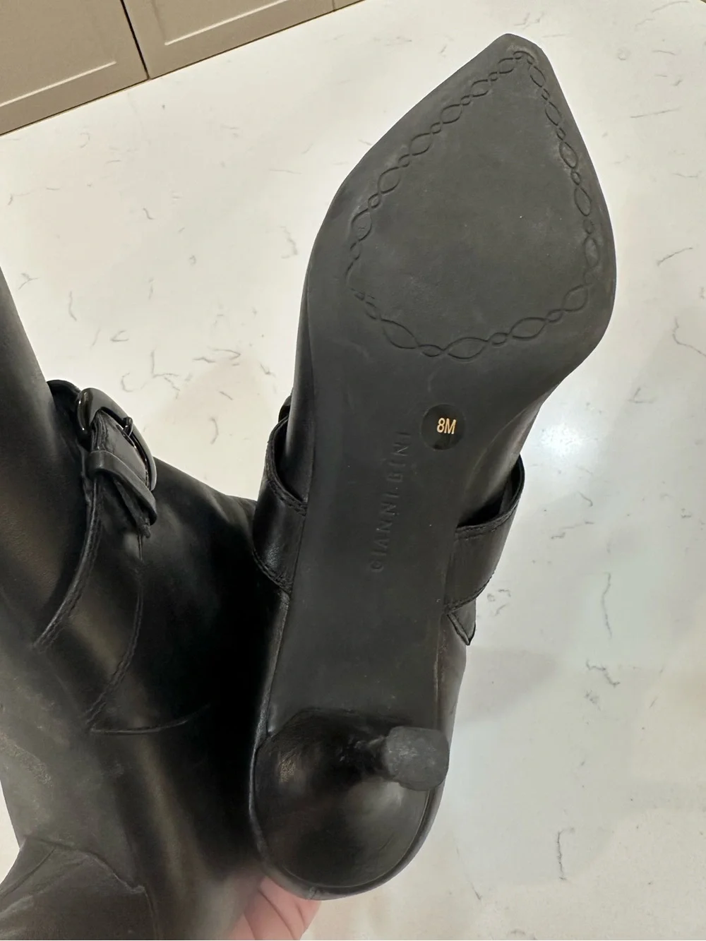 Gianni Bini Black Pointed Leather Ankle Booties with Buckle Strap- 8